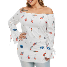 Charger l'image dans la galerie, Plus Size Feather Print Off Shoulder Flare Sleeve Blouse