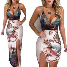 Charger l'image dans la galerie, Summer Elegant Women Sling V Neck Peacock Feather Print Split Pencil Dress Female Bodycon Mini Short Vestidos Beach Sundress