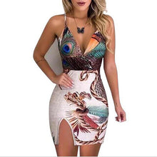 Charger l'image dans la galerie, Summer Elegant Women Sling V Neck Peacock Feather Print Split Pencil Dress Female Bodycon Mini Short Vestidos Beach Sundress
