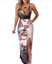 Charger l'image dans la galerie, Summer Elegant Women Sling V Neck Peacock Feather Print Split Pencil Dress Female Bodycon Mini Short Vestidos Beach Sundress