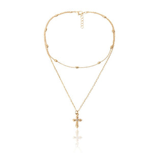 Boho Layered Iron Cross Pendant Choker Necklace Golden Beads Jesus Long Chain Necklace Charm Crucifix Christian Couple Jewelry