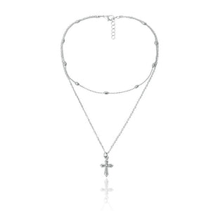 Boho Layered Iron Cross Pendant Choker Necklace Golden Beads Jesus Long Chain Necklace Charm Crucifix Christian Couple Jewelry