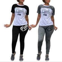 Charger l'image dans la galerie, Pink Letter Casual 2 Piece Outfit Summer Tracksuit O Neck Short Sleeve Tops And Solid Fit Slim Long Pants Lady Streetwear