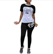 Charger l'image dans la galerie, Pink Letter Casual 2 Piece Outfit Summer Tracksuit O Neck Short Sleeve Tops And Solid Fit Slim Long Pants Lady Streetwear