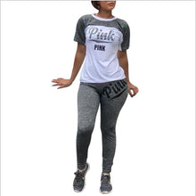 Charger l'image dans la galerie, Pink Letter Casual 2 Piece Outfit Summer Tracksuit O Neck Short Sleeve Tops And Solid Fit Slim Long Pants Lady Streetwear